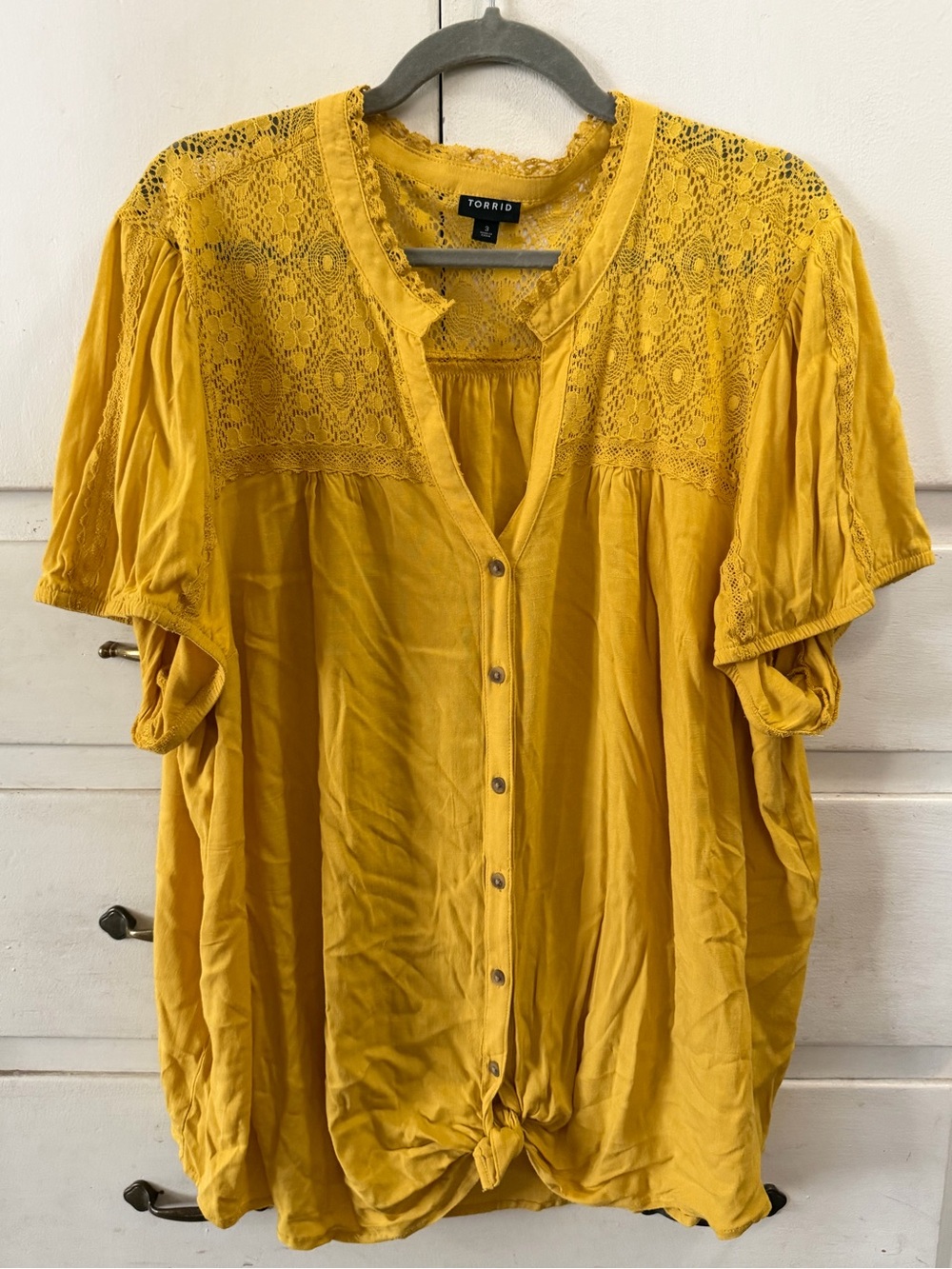 torrid Mustard Yellow Lace Yoke Button-Front Top